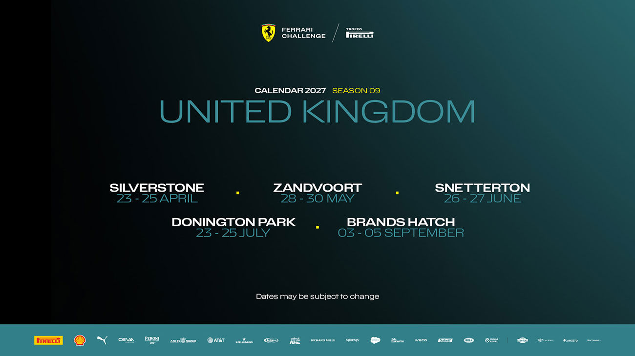 Ferrari Challenge UK: svelato il calendario 2027 con cinque round
